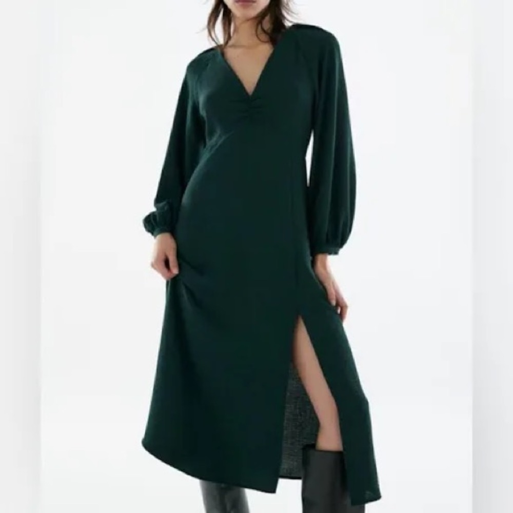 Zara Deep Green Lantern Sleeve Midi Dress NWOT Sz L